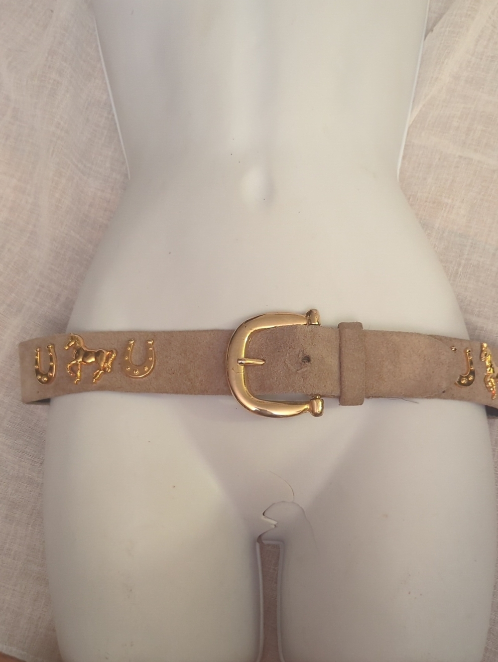 Jaeger England Taupe Suede Belt with Gold Equestrian Hardware Gold Horse Shoe